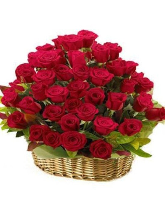 60 red roses round basket