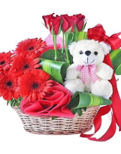 Breath taking Red Gerberas and Roses Basket with Cute Teddy