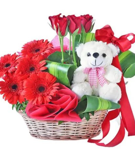 Breath taking Red Gerberas and Roses Basket with Cute Teddy