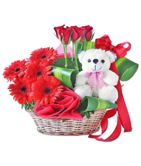 Breath taking Red Gerberas and Roses Basket with Cute Teddy
