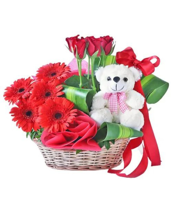 Breath taking Red Gerberas and Roses Basket with Cute Teddy