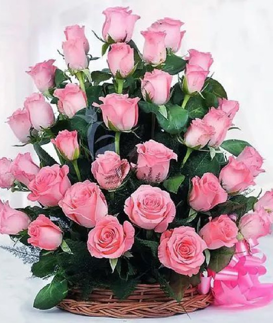 Bright Baskets of Long Stemmed Pink Roses with a Bow Bright Baskets of Long Stemmed Pink Roses with a Bow