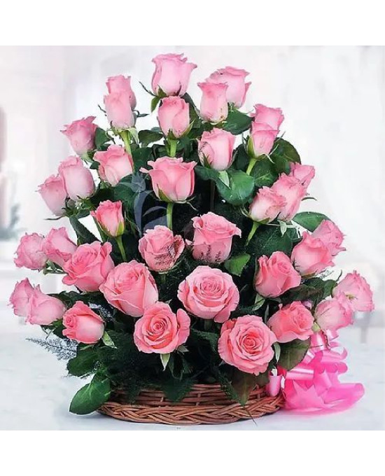 Bright Baskets of Long Stemmed Pink Roses with a Bow