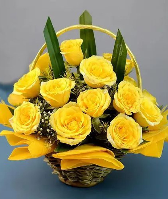 Cheerful Basket of Sun kissed Yellow Roses with Greens Cheerful Basket of Sun kissed Yellow Roses with Greens