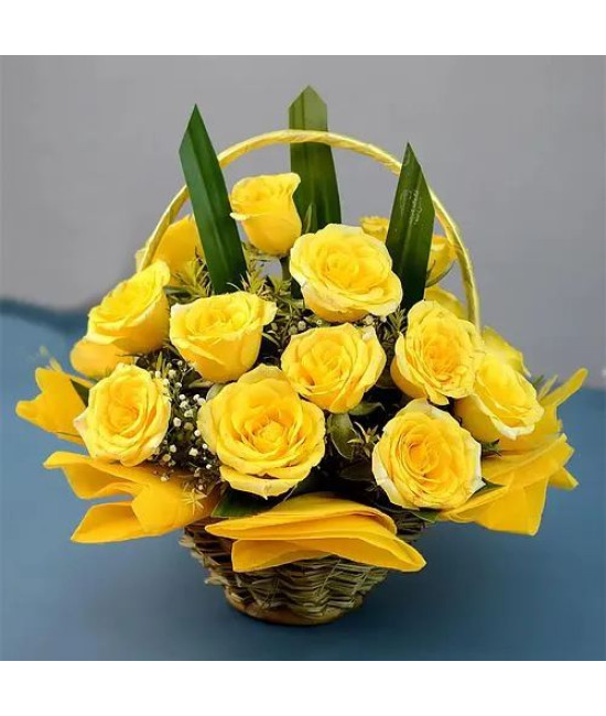 Cheerful Basket of Sun kissed Yellow Roses with Greens