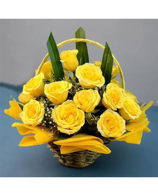 Cheerful Basket of Sun kissed Yellow Roses with Greens
