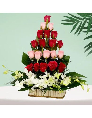 Cheerful Tall Basket Arrangement of Roses N Orchids