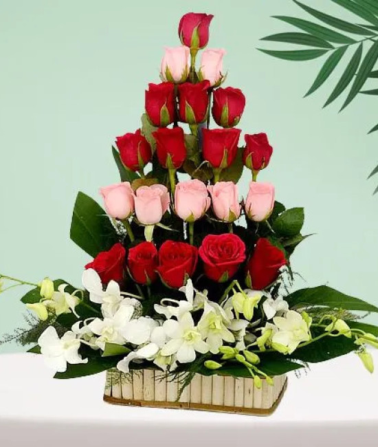 Cheerful Tall Basket Arrangement of Roses N Orchids Cheerful Tall Basket Arrangement of Roses N Orchids