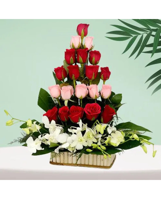 Cheerful Tall Basket Arrangement of Roses N Orchids