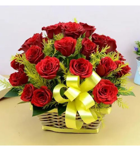 Classic Round Shape Basket of Red Roses