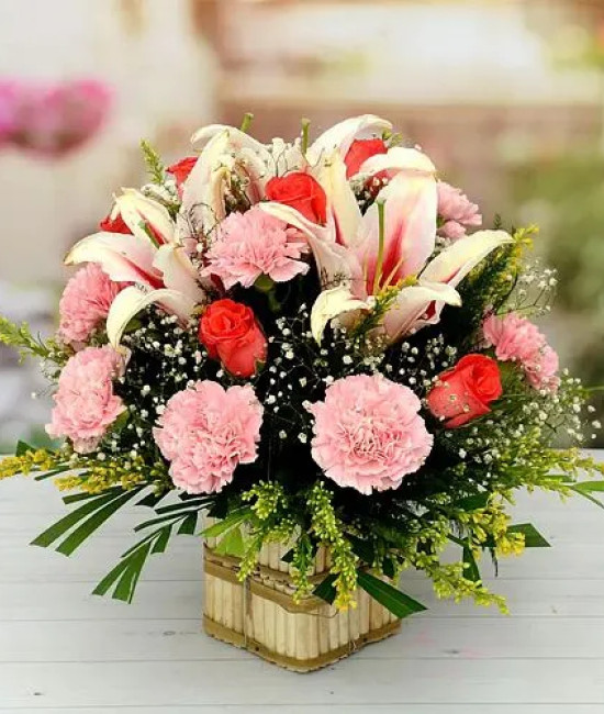 Elegant Full of Carnations Lily N Roses Basket Elegant Full of Carnations Lily N Roses Basket