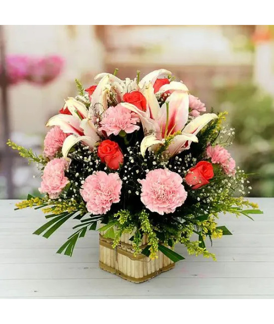 Elegant Full of Carnations Lily N Roses Basket
