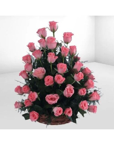 Elegant One Sided Basket of Pink Roses with Fillers