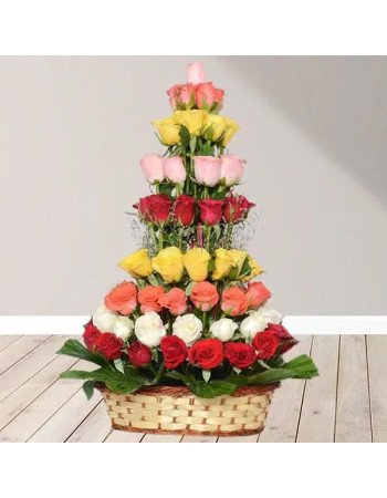 Joyful Collection of Mixed Roses in Tall Rounded Basket