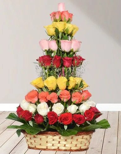 Joyful Collection of Mixed Roses in Tall Rounded Basket