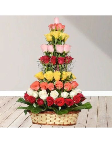 Joyful Collection of Mixed Roses in Tall Rounded Basket