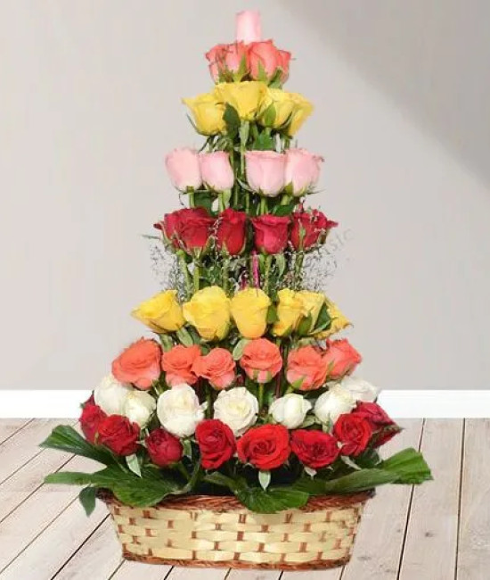 Joyful Collection of Mixed Roses in Tall Rounded Basket Joyful Collection of Mixed Roses in Tall Rounded Basket