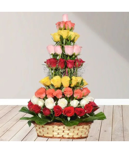 Joyful Collection of Mixed Roses in Tall Rounded Basket