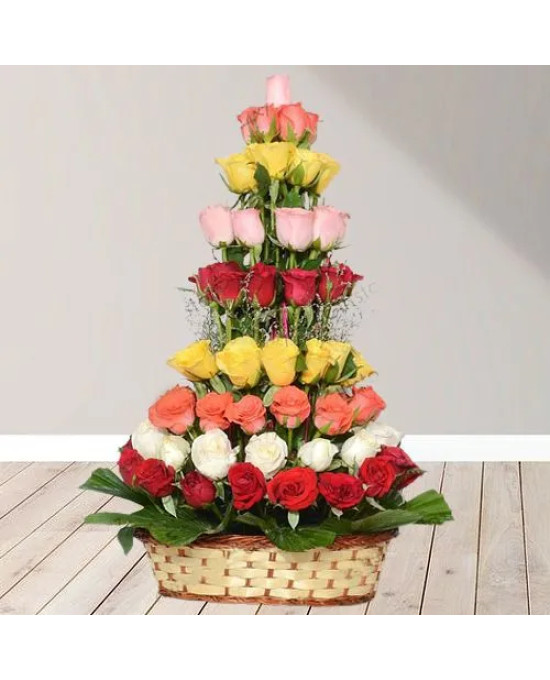 Joyful Collection of Mixed Roses in Tall Rounded Basket