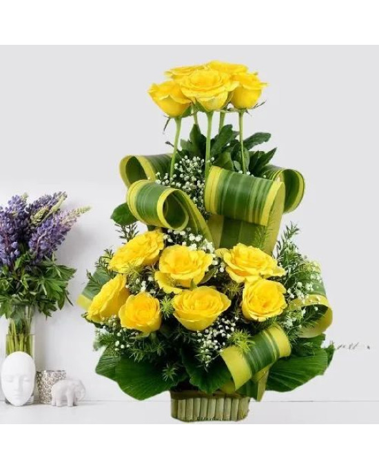 Mesmerizing Basket of Yellow Roses with Greens