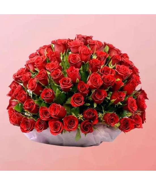 Mesmerizing Display of Red Roses with Greens in Basket