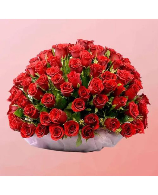 Mesmerizing Display of Red Roses with Greens in Basket