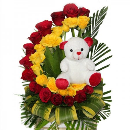 Mixed Roses N Teddy in Basket