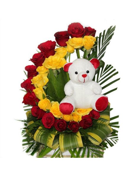 Mixed Roses N Teddy in Basket
