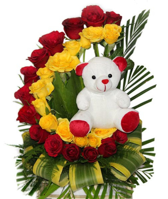 Mixed Roses N Teddy in Basket Mixed Roses N Teddy in Basket