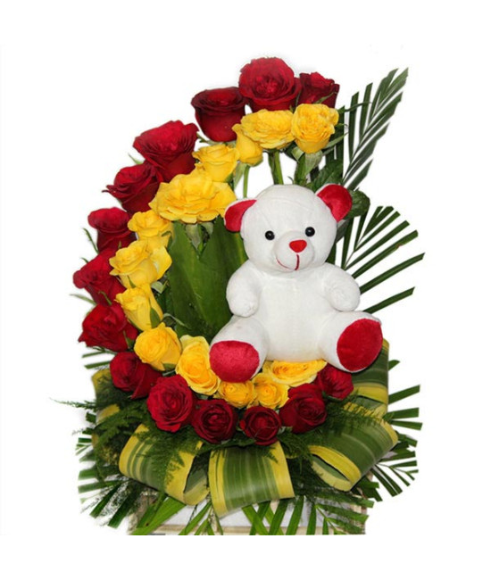 Mixed Roses N Teddy in Basket