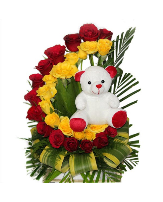 Mixed Roses N Teddy in Basket