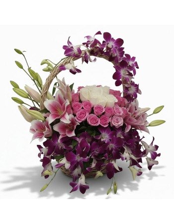 Premium Orchid, Lily & Roses Basket Arrangement