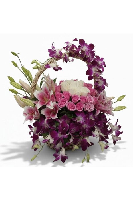 Premium Orchid, Lily & Roses Basket Arrangement