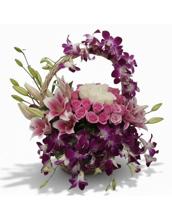 Premium Orchid, Lily & Roses Basket Arrangement
