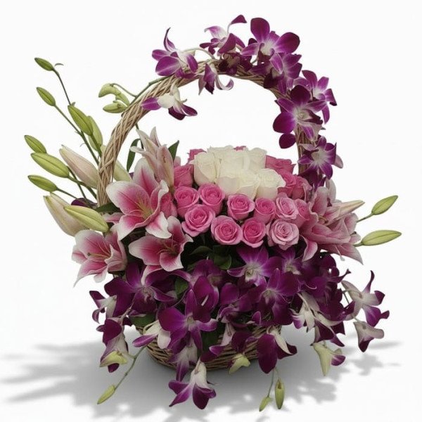 Premium Orchid, Lily & Roses Basket Arrangement