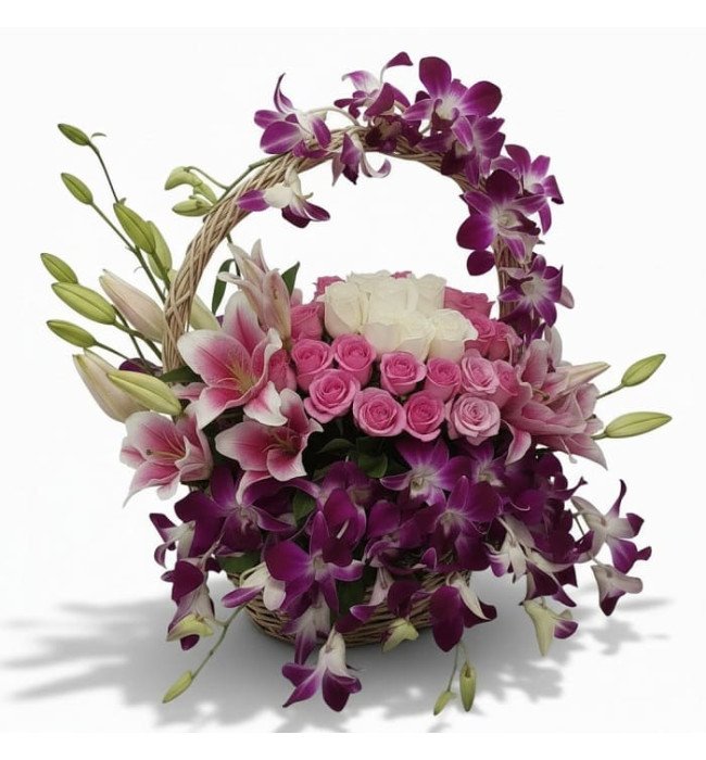 Premium Orchid, Lily & Roses Basket Arrangement