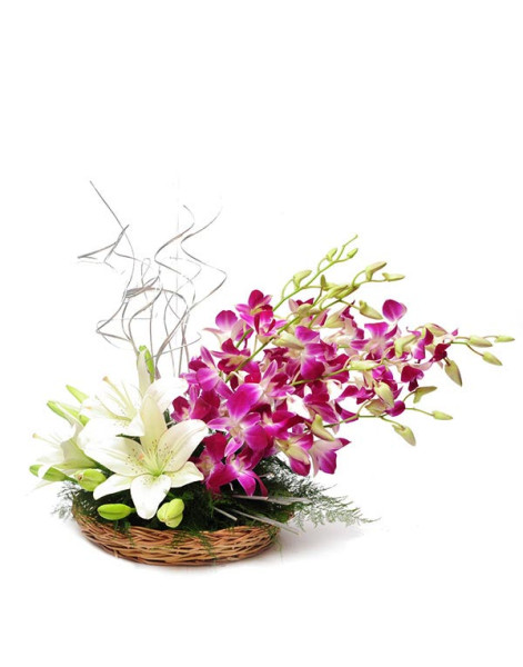 Purple Orchids and White Lily Flowers Basket