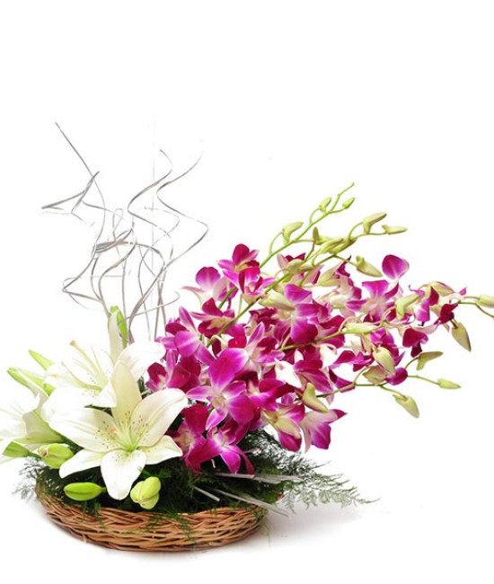 Purple Orchids and White Lily Flowers Basket Purple Orchids and White Lily Flowers Basket