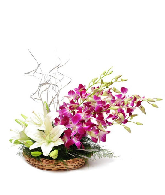 Purple Orchids and White Lily Flowers Basket