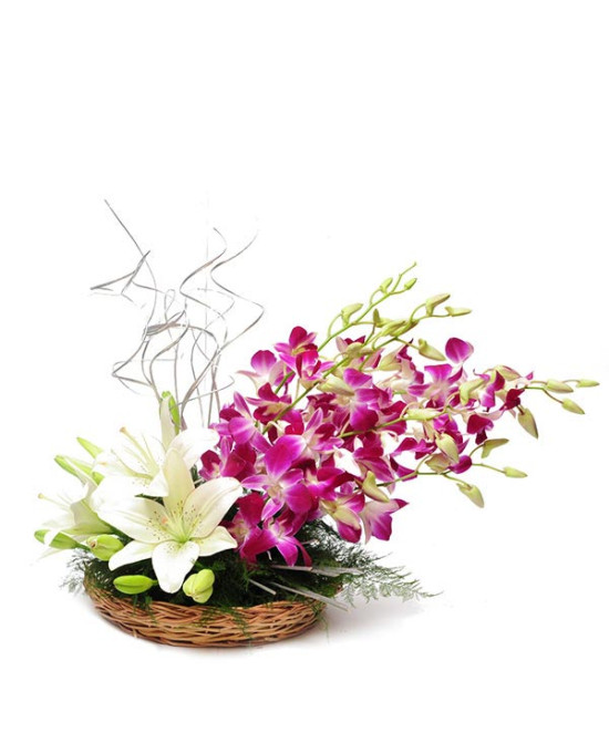 Purple Orchids and White Lily Flowers Basket