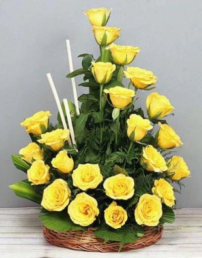 Sunrise Sweet Treat - A Basket Of Yellow Roses