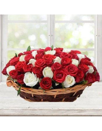 Unique Array of Red N White Roses in Oval Basket