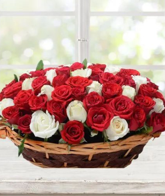 Unique Array of Red N White Roses in Oval Basket Unique Array of Red N White Roses in Oval Basket