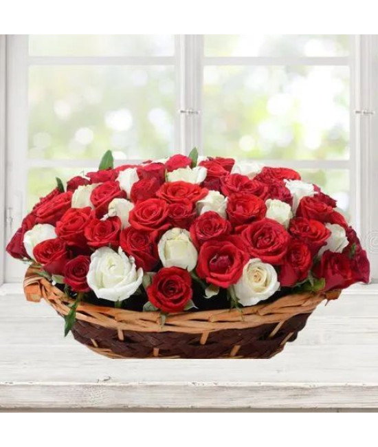 Unique Array of Red N White Roses in Oval Basket