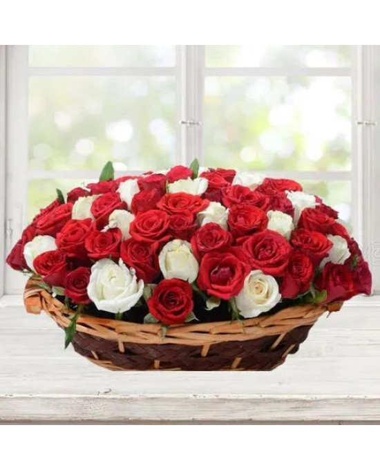 Unique Array of Red N White Roses in Oval Basket