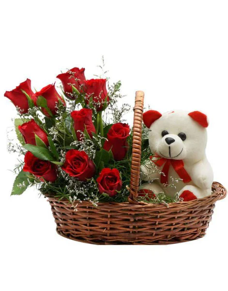 Cute Roses with Teddy Basket