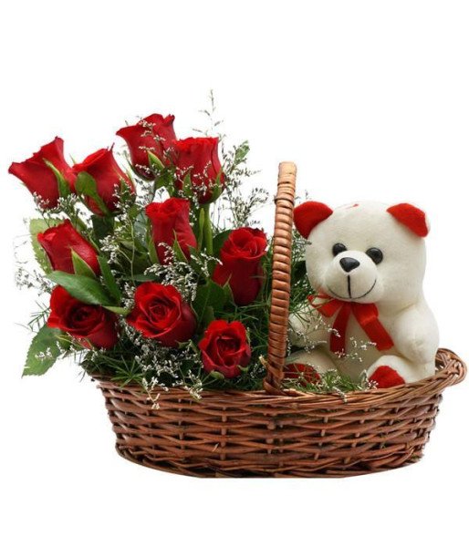 Cute Roses with Teddy Basket