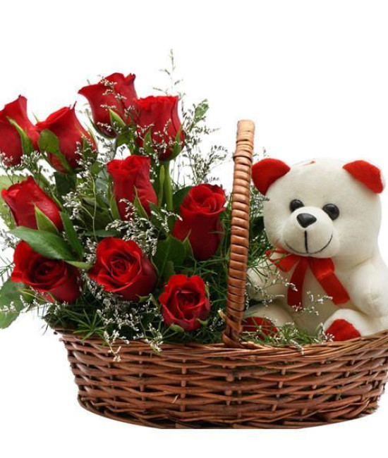 Cute Roses with Teddy Basket Cute Roses with Teddy Basket