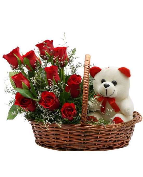Cute Roses with Teddy Basket