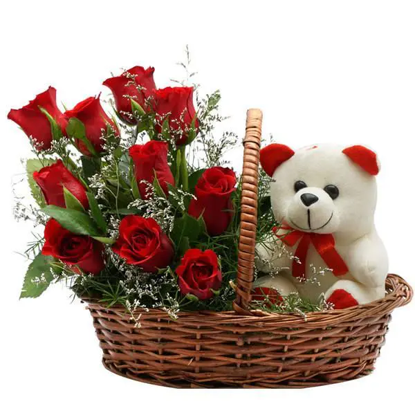Roses with teddy basket
